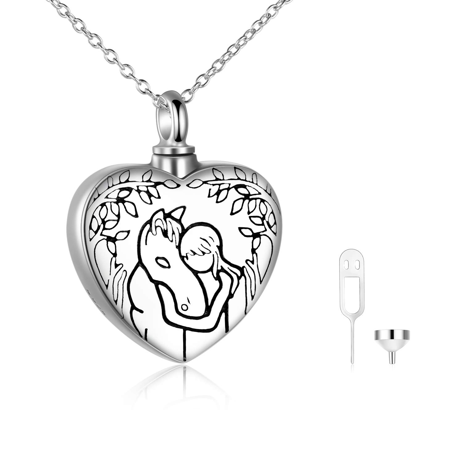 YFN Sterling Silver Horse Gifts Urn Heart Necklace for Ashes Cremation Jewelry for Ashes of Loved Ones Keepsake (Horse Urn Necklace)