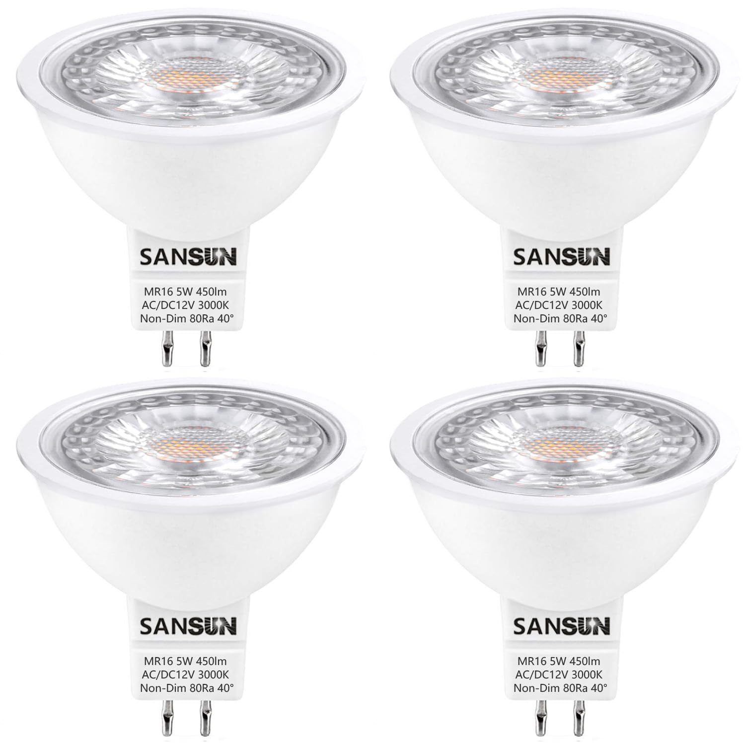 SANSUN MR16 GU5.3 LED Light Bulbs - 50W Equivalent Halogen Bulbs, Warm White 3000K 12V 5W LED Spotlight Light, Non-Dimmable, Pack of 4