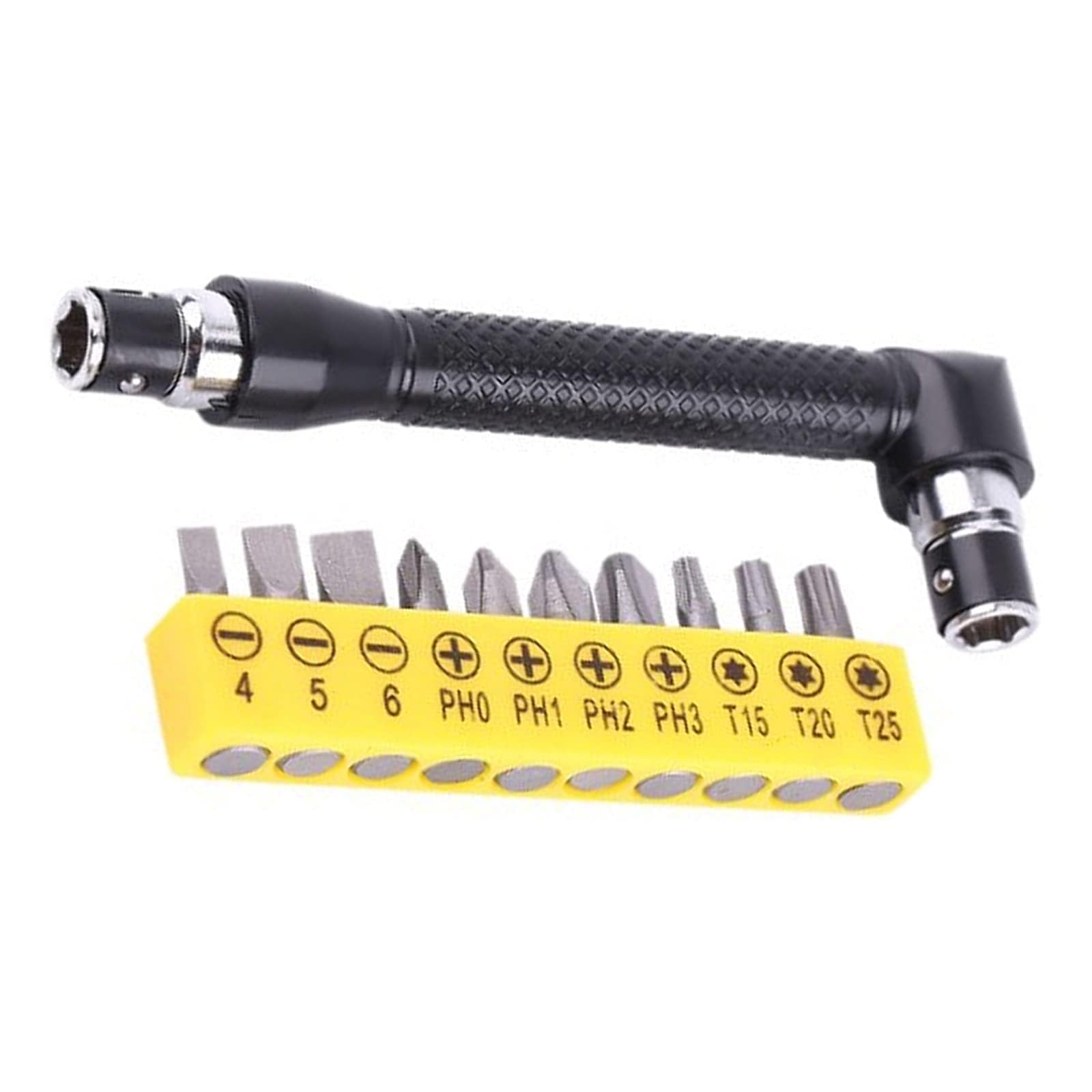 Wirepool Double-Headed L-Shaped Socket Wrench Extension Handle Screwdriver With 1/4'' Hex Shank 90 Degree Right Angle Adapter + 10 Bits (1)