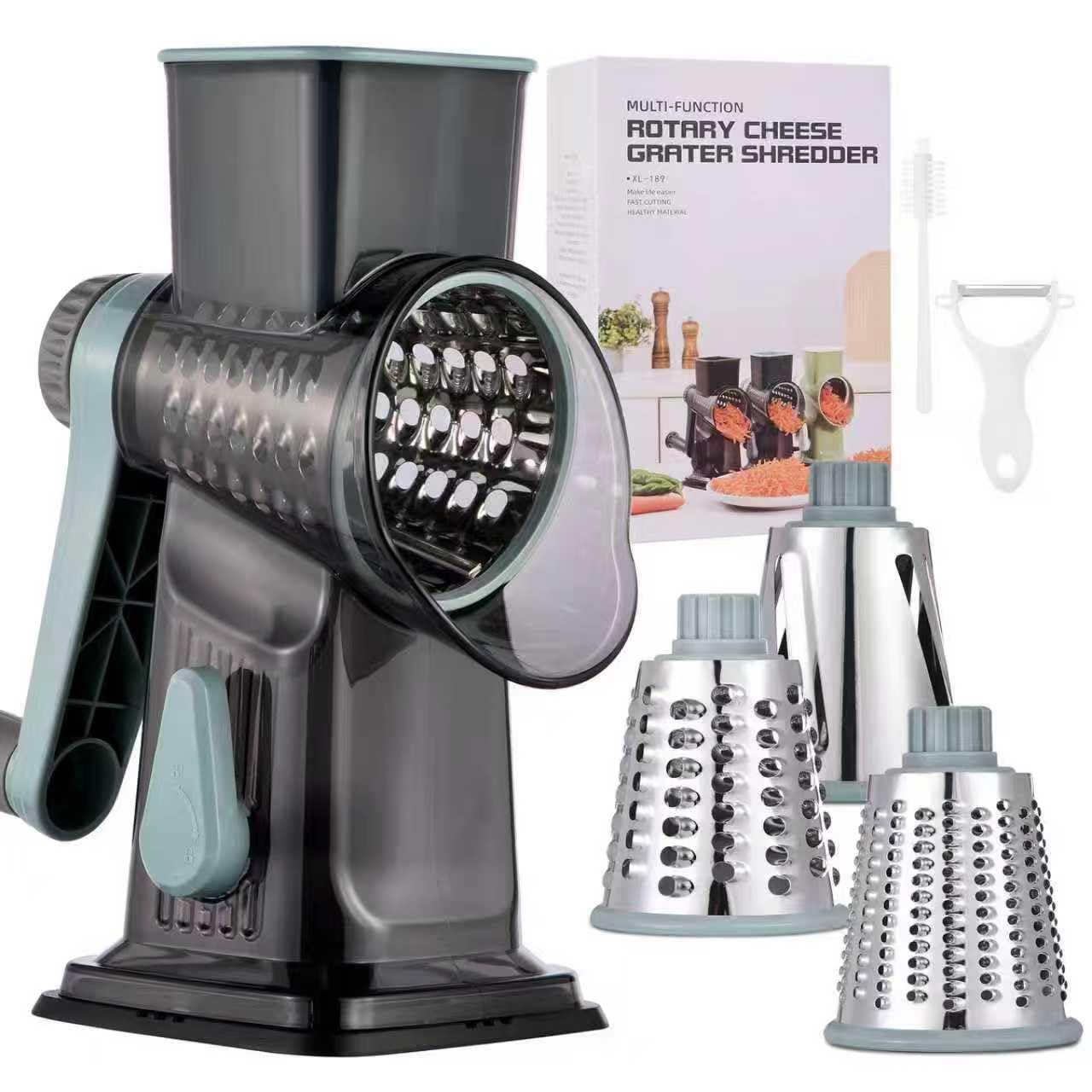 Rotary Cheese Grater with Handle Kitchen Shredder Slicer Grater Slicer Ice Shaver Cheese Vegetable Nuts Potato Zucchini Chocolate 3 Interchangeable Blades (GreyBlue) Image