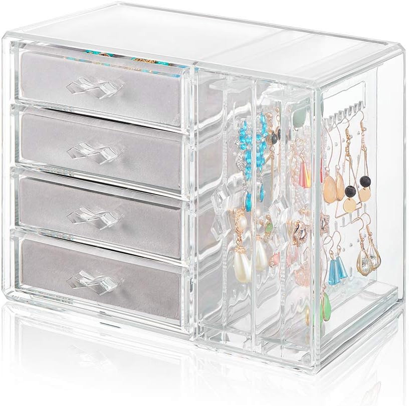 Acrylic Jewelry Organizer 4 Drawers 2 Earring Hanger Two-in-one, Clear Rings Bracelets Necklaces Box for Women, Girls Gift (Gray)