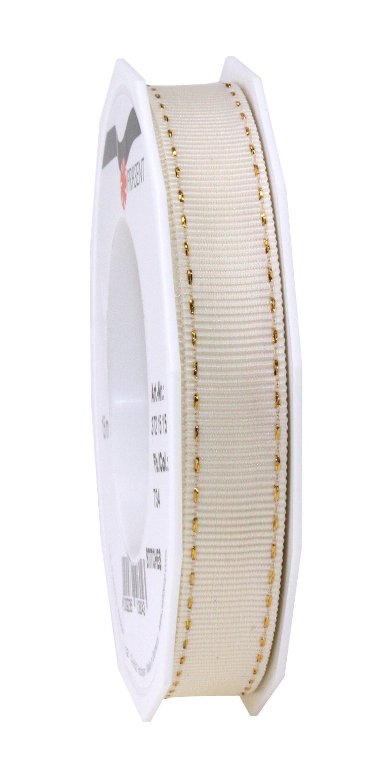 Präsent - Stitches Gross Grain Ribbon Cream-Gold 15 mm width, 15 m length