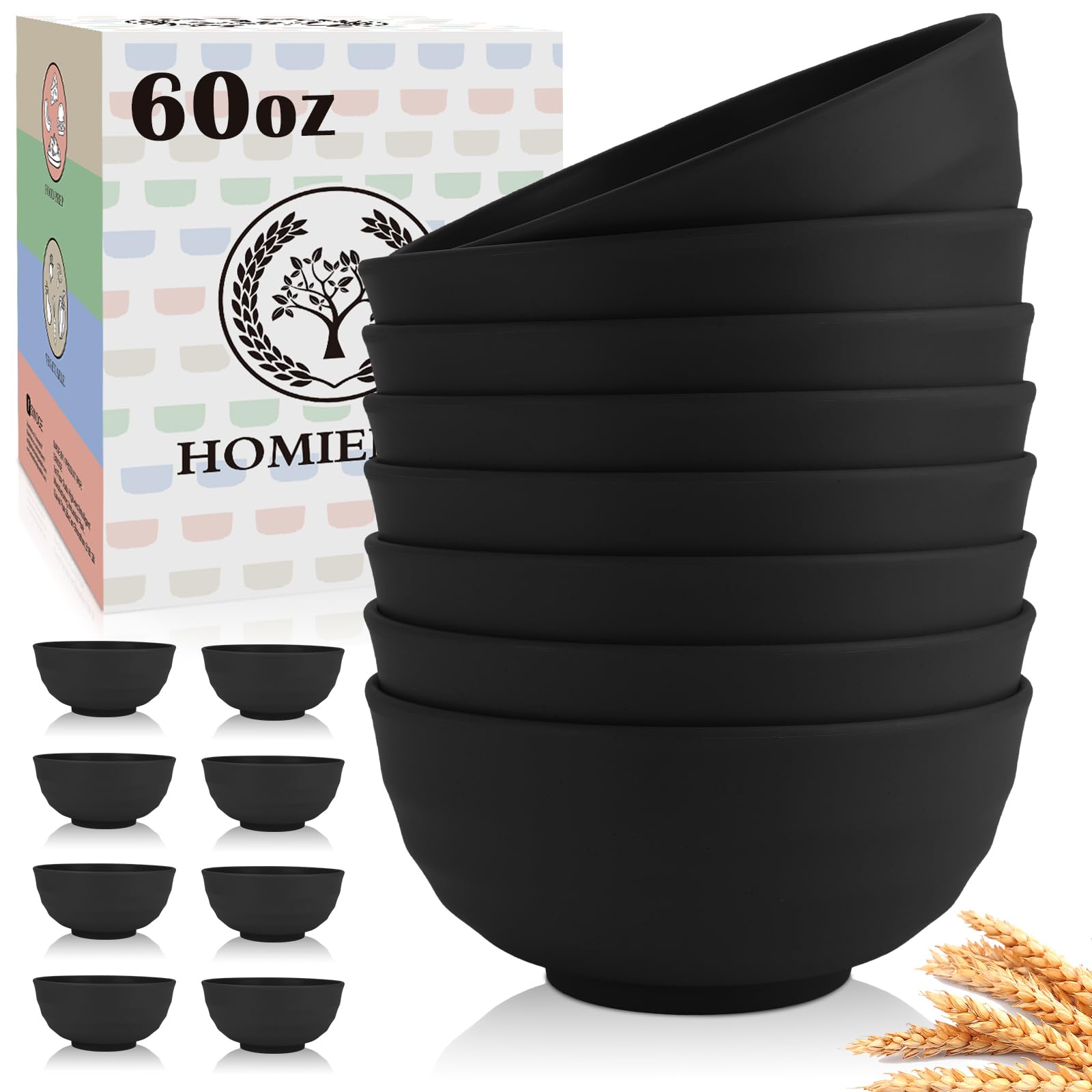 Photo 1 of Homienly 60 OZ Salad Bowls,Large Soup Bowls Set of 8,Wheat Straw Bowl Sets,Unbreakable Large Serving Bowls,Big Cereal Bowl for Kitchen, Salad, Soup, Microwave and Dishwasher Safe Bowl - Black