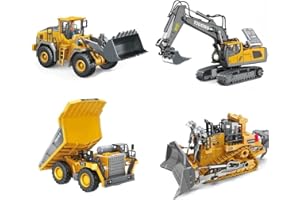 ADTHLIER Remote Control Excavator (11-Channel), Dump Truck, Bulldozer, Loader (9-Channel), 2.4GHz Remote Control Construction Vehicles, Metal Construction, with Cool Lights and Sound Effects, 4-Pack