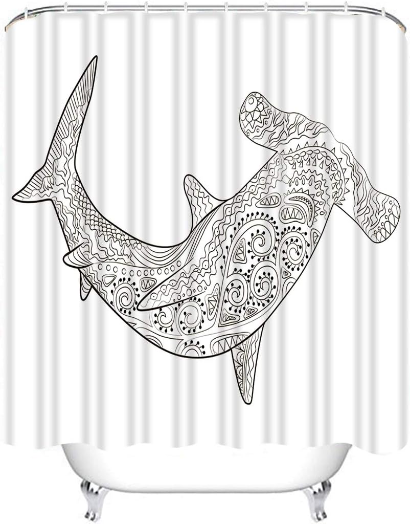 Houlor Shower Curtain Set Hammerhead High Details Adult Antistress Coloring Shark Fish Polyester Waterproof Target Non-PVC Spa Decor Bathroom Fashion Bathing Set with Hooks 72x72 Inches
