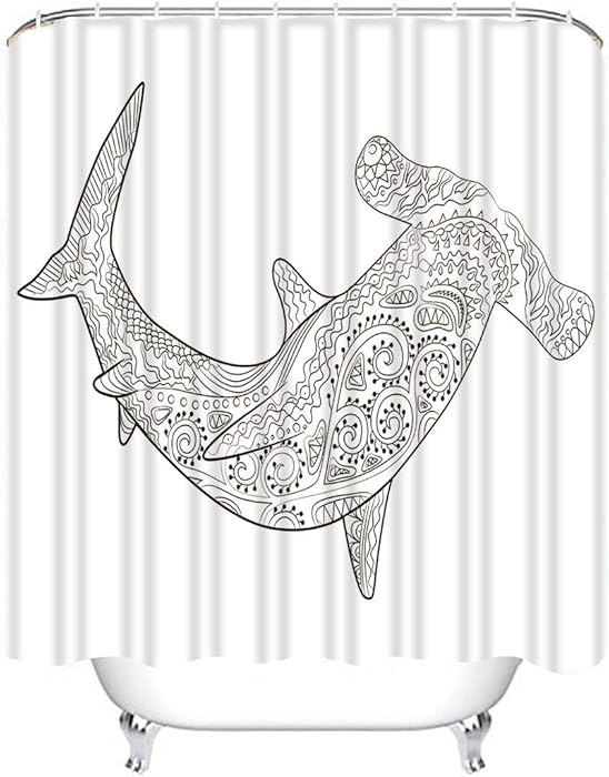 Houlor Shower Curtain Set Hammerhead High Details Adult Antistress Coloring Shark Fish Polyester Waterproof Target Non-PVC Spa Decor Bathroom Fashion Bathing Set with Hooks 72x72 Inches