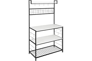 HOMEKOKO Kitchen Bakers Rack with 16 Movable Hooks, 3-Tier Microwave Oven Stand with Storage for Cooking Utensils, Industrial Style Kitchen Storage Shelves for Plates, Pans and Pots (Black & White)