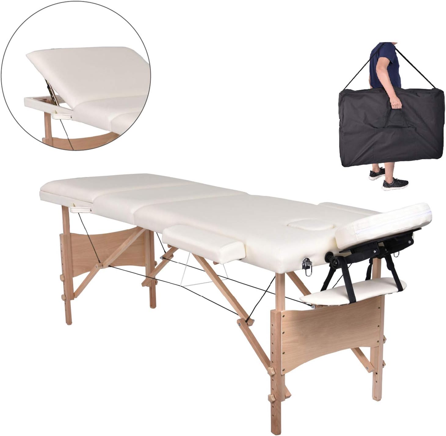 MC Star Folding 3 Section Wooden Massage Table Portable Height Adjustable Professional Lightweight Massage Bed Beauty Treatment Couch Free Armrest Headrest Carrying Bag（White）