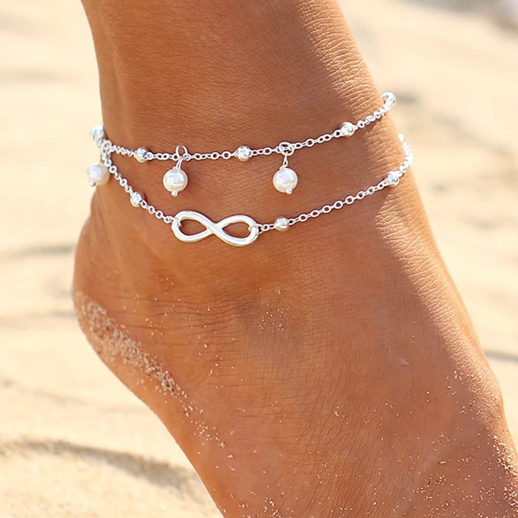 Chaioe Boho Double Anklets Silver Forever Anklet Chain Pearl Beaded Anklet Bracelet for Women and Girls
