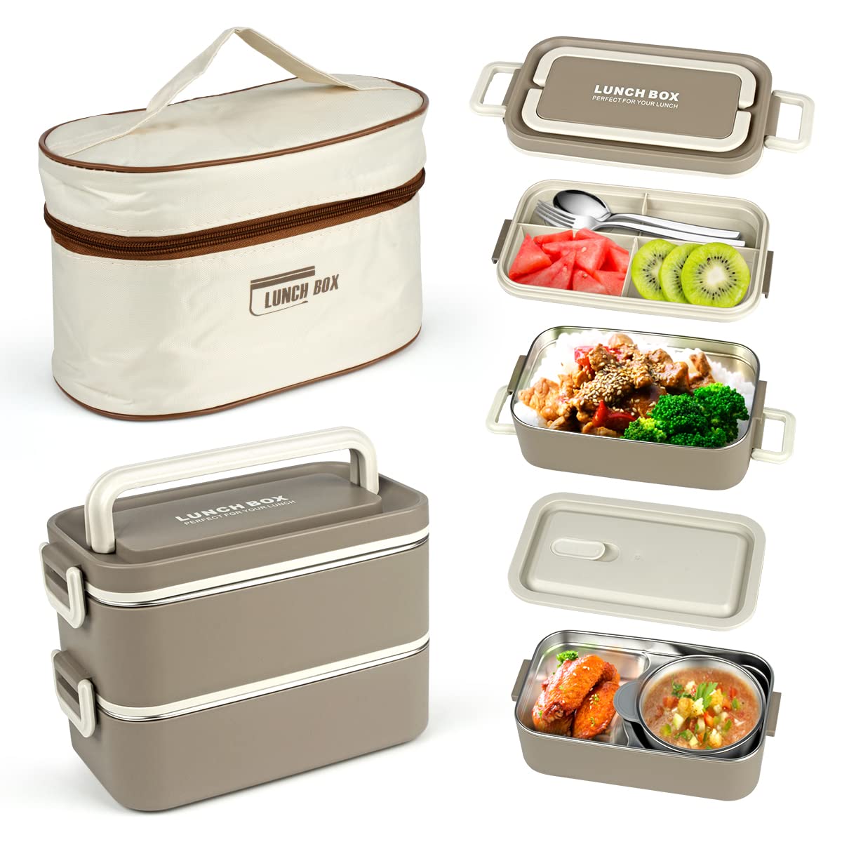 Photo 1 of Keweis Bento Box Adult Lunch Box, Portable Insulated Lunch Containers Set, 2-Tier Stackable Stainless Steel Bento Boxes with Thermal Lunch Bag Soup Bowl, Leakproof Food Container