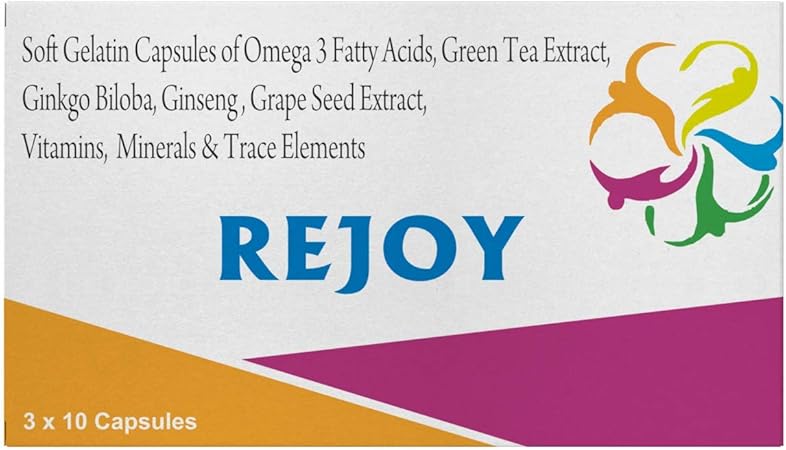 REJOY CAPSULE Omege 3 Fatty Acids, Ginkgo Biloba, Ginseng, Grape Seed Extracts, Vitamins, Minerals & Trace Elements for Healthy Brain Function l Immunity I10 Softgel Capsules Per Strip