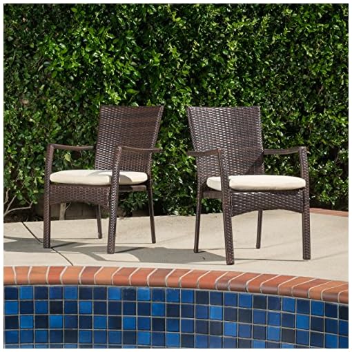 Gdf Studio Melba Outdoor Brown Wicker Dining Chair With Beige Cushion Set Of 2 Beachfront Decor