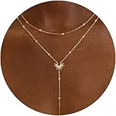 CHESKY Lariat Gold Necklace for Women Trendy, Dainty Long Necklace 14k Gold Plated/Silver Y-Shaped Pendant Necklace Layered Cz Beaded Chain Drop Necklaces Simple Gold Jewelry For Women Gift
