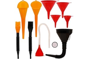 KONGNAI Funnels for Automotive Use Set of 10, Plastic Oil Funnel Set for Gasoline and Coolant, Fuel Funnel with Flexible Hose for Car, Large Funnels for Gas Transfer