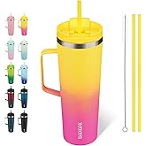 BJPKPK Insulated Tumbler with Handle, 30oz Insulated Tumblers with Lid and Straw, Stainless Steel Metal Water Bottles, Coffee Travel Mugs, Cups, Pink & Yellow Rose
