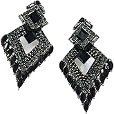 Very Large Art Deco Antique Vintage Style Black Jet Onyx Grey Marcasite Rhinestone Bridal Bridesmaid Wedding Prom Pageant Drag Queen Statement Earrings