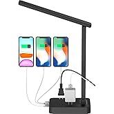 Drevet LED Desk lamp with USB C Charging Port, Table Light with 3 USB Charger and 2 AC Power Outlet, 3 Color Model, 3 Level Brightness, Touch Control, Memory Function, Eye-Caring Office Foldable Lamp