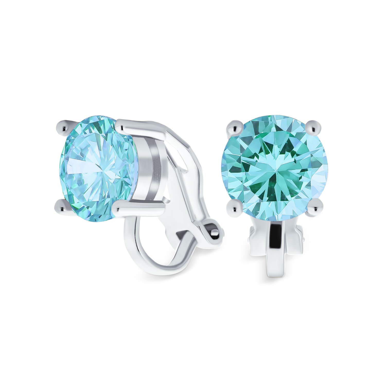 Blue Brilliant Cut Solitaire Round Cubic Zirconia CZ Clip On Stud Earrings Simulated Aquamarine Silver Plated Brass — image 1