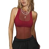Sexy Mesh Sheer Tops for Women See Through High Neck Low Cut Scoop Back Slim Fitted Tank Mesh Shirt Going Out Tops