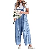 chouyatou Women Loose Adjustable Strap Denim Bib Overall Jeans Distressed Wide Leg Baggy Overalls Jumpsuit