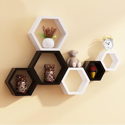 Santosha Decor Hexagon Shape Set of 6 Floating Wall Shelves, (Black/White)