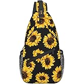 LOSTORCHI Sunflower Crossbody Sling Bag for Women Men Cute Yellow Flowers on Black Background Travel Sling Backpack Casual Chest Shoulder Bag Lovely Summer Floral Print Gym Sports Hiking Daypack