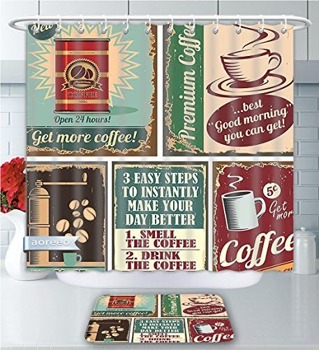 Aoreeo Bathroom Two-Piece Set ollection Coffee Posters And Metal Signs Artistic Design Bean Cup Tin Espresso Mug Cappuccino Logo Ivory Red Shower Curtain And Bath Rug Set, 60" Wx71 H &amp; 23" Wx16 H