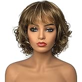 Wiginway Women Wigs Short Curly Brown Hair Wig Bangs Natural Full Synthetic Wig 6 Inches