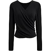CHICWISH Women Casual Cross Wrap Ruched V Neck Long Sleeves Tops Slim Fitted T Shirt Basic Solid Tunic Black Tops