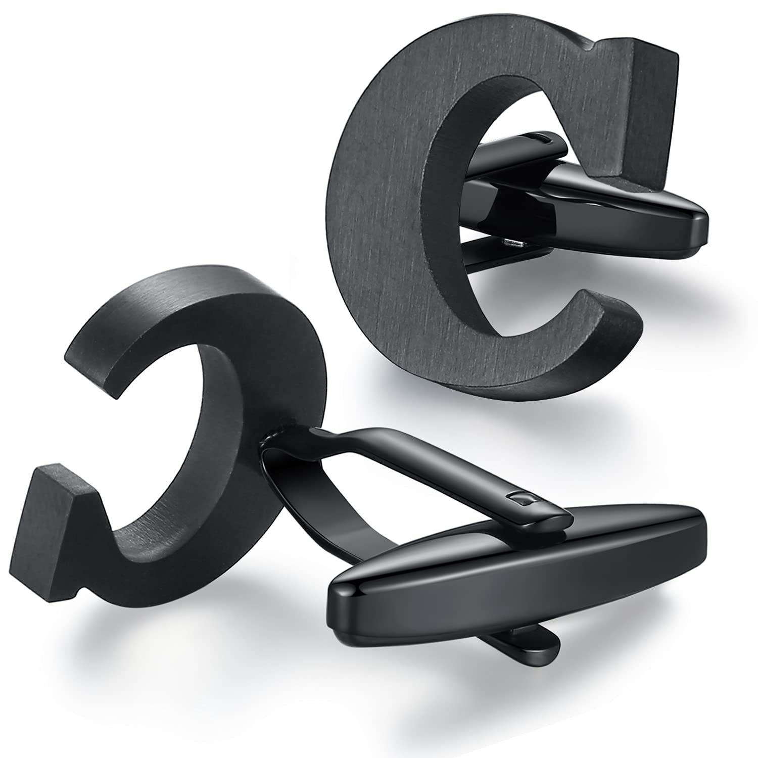 HONEY BEAR Mens Initial Alphabet Letter Cufflinks,Stainless Steel for Wedding Formal Business Gift(C-Black)