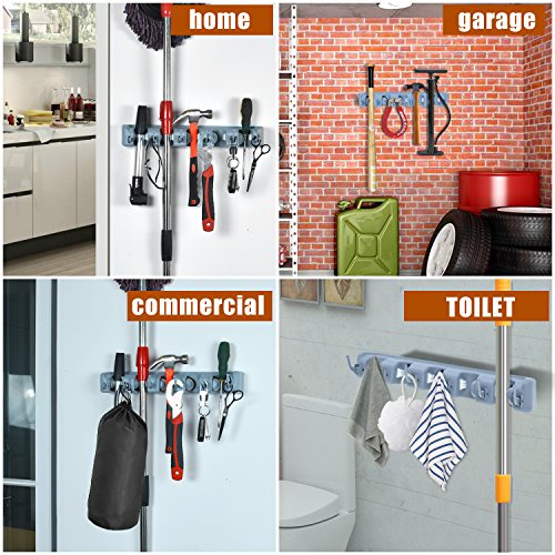 Auwey Broom Mop Holder Wall Mount Hook Gripper Slot, Garden Storage Rack Mop Broom Handle Kitchen Storage Garage Garden Tools Commercial Organizer Grey (5 Position 6 Hooks) - Thumbnail 4