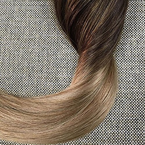 Fshine 14" Tape in Hair Extensions Skin Weft Dip Dye Real Hair Extensions Balayage Hair Color #2 Fading to #6 and #18 Ash Blonde Full Head Tape in Tape in Hair Extensions 50g 20 Pcs Per Package