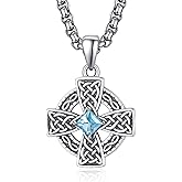 ADMETUS March Birthstone Celtic Cross Necklace Sterling Silver Irish Aquamarine Pendant Protection Jewelry Amulet Gifts for Men