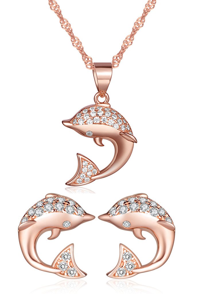 Yumilok Jewelry 925 Sterling Silver Rose Gold Plated Cubic Zirconia Dolphin Pendant Charm Necklace Earrings Jewelry Set for Women/Girls