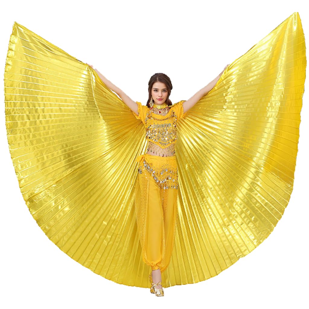 Leemiman Women Belly Dance Opening Wings for Halloween Christmas Party Professional Belly Dance Costume Wings with Sticks Gold