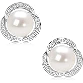 Pearl Stud Earrings for Women Freshwater Cultured White Pearl with Cubic Zirconia Anniversary Birthday Mother Day Jewelry Gifts for Her