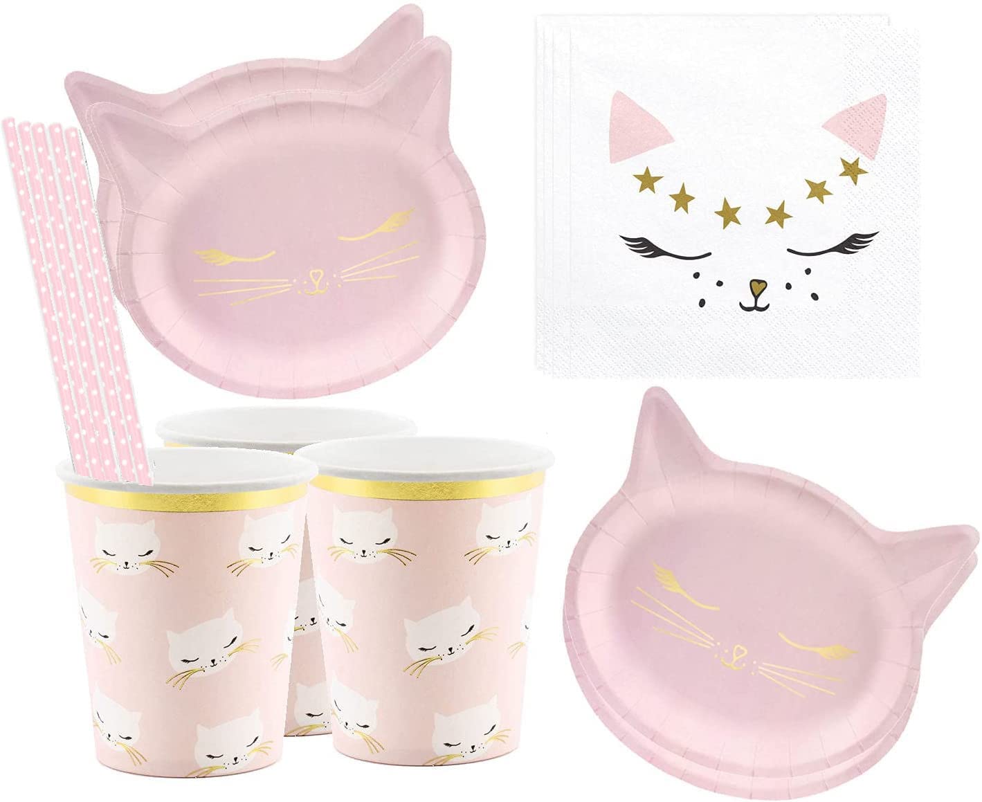 Libetui 42-Piece Cat Party Tableware Set, Children's Birthday, Kitten Plates, Cups, Napkins, for Parties, Children & Adults for up to 6 People