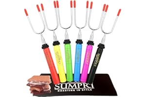 Smores Sticks For Fire Pit - Marshmallow Roasting Sticks For Campfire, Rotating Smore Sticks Set of 6 - Safe, Fun Telescoping Multicolored 34 Inch Hot Dog Sticks - SUMPRI Long Camping Skewers