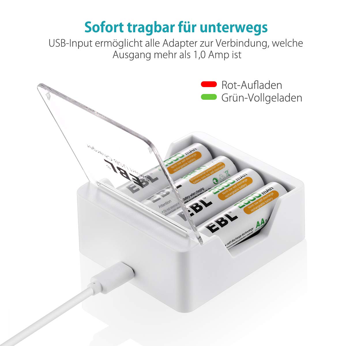 EBL AA AAA Intelligente Akku Ladegerät (4x Stecker) Batterieladegerät für Ni-MH Ni-CD Wiederaufladbare Akku Batterien mit LED-Anzeige