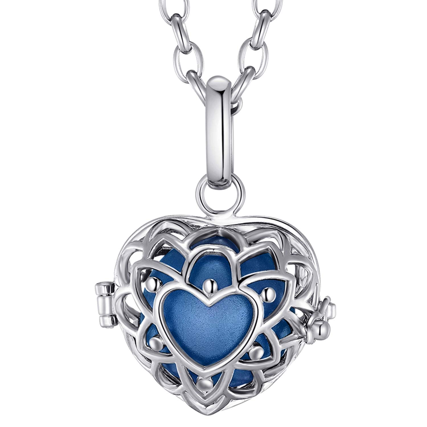 Morella Women Necklace Stainless Steel 70 cm 27,5" with Heart-Shaped Pendant with Sound Ball Blue Ø 16 mm 0,63" in a Velvet Jewelry Bag