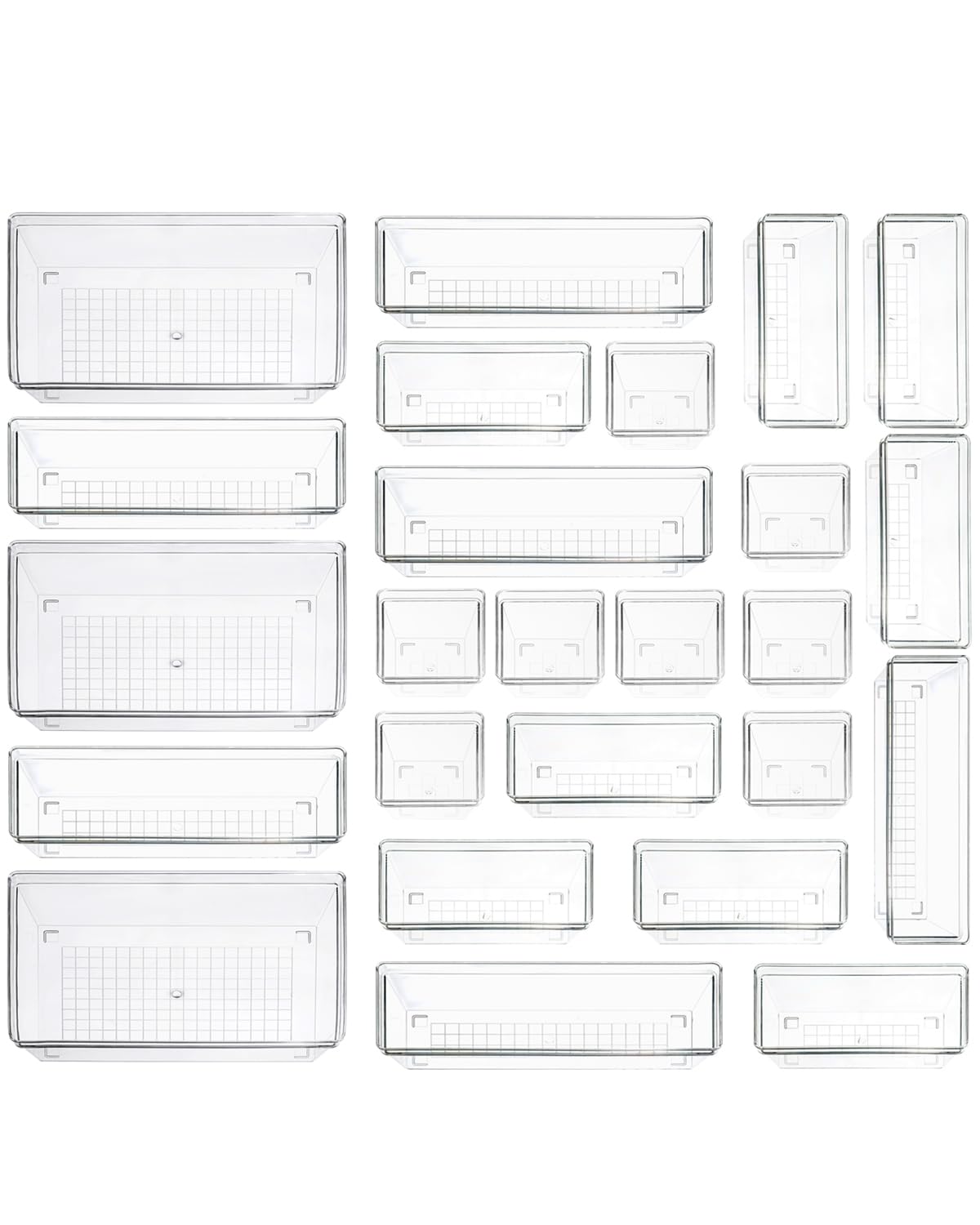 Photo 1 of **PARTIAL SET/MISSING PIECES** Clear Plastic Drawer Organizer Storage - 25Pcs 4 Size Desk Bathroom Kitchen Organizers and Accessories Office Organization, Vanity Stackable Drawers Bins Trays Containers Dividers Makeup Sets