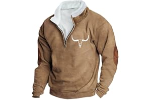 Mens Sweatshirt Western Aztec Fleece Tops Cowboy Bull Head Print Pullover Quarter Zip Long Sleeve Country Sweatshirts