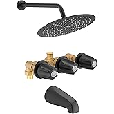 12" Rainfall Shower Faucet& Bathtub 3 Handle Knob Tub & Shower Rough-In Valve, Included Rough-in Valve, Matte Black