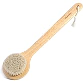 Maji Mama Oak Wood Body Brush with Pure Horse Bristles, 14.12 Inch Long Handle Dry Brush for Exfoliating, Natural Bath Shower Back Scrubber with Cotton Rope