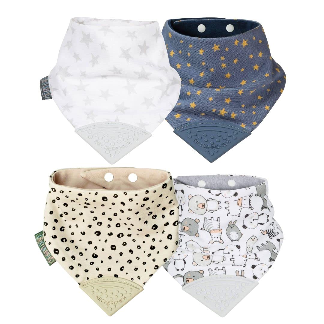 Cheeky Chompers Teething Bibs | 2 months+ Reversible Bandana Bib & Baby Teether | Multi-Award Winning Neckerchew (Stars & Spots, 4 Pack) — image 1