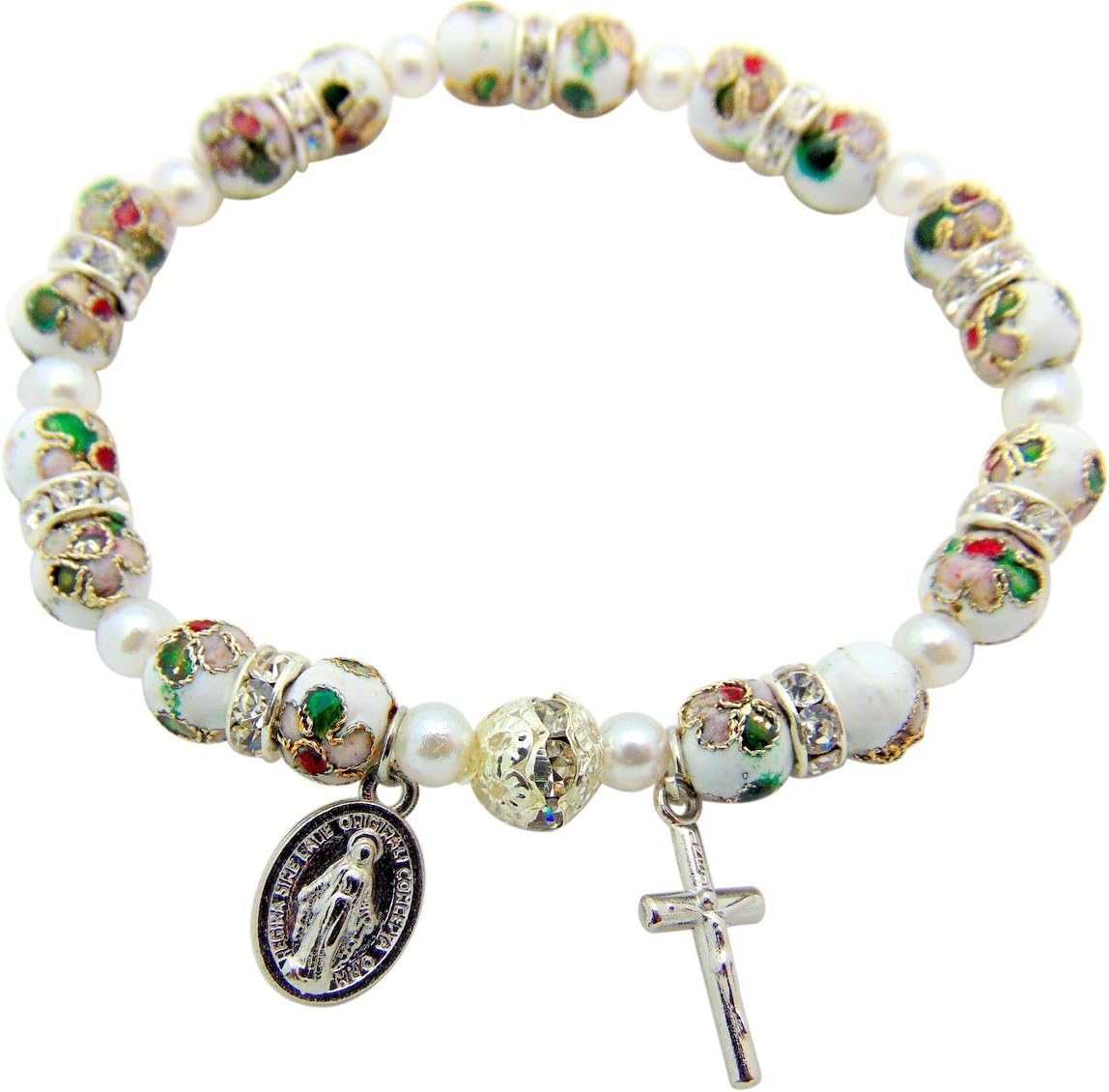LM Gifts Miraculous Mary Medal White Cloisonne Stretch Bracelet with Crucifix & Gift Bag