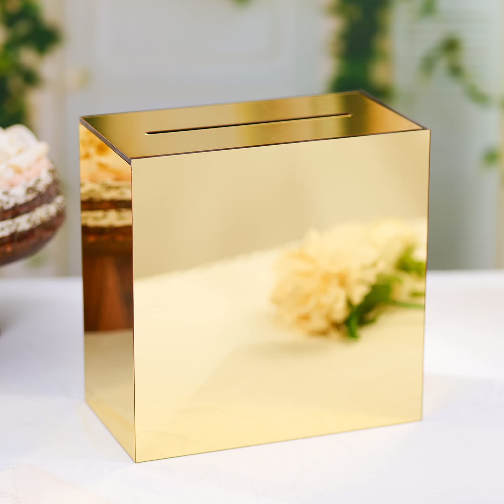 Photo 1 of ***(MINOR DAMAGE/ SEE NOTES)***UNIQOOO Metallic Gold Mirror Acrylic Wedding Card Box With Slot, Large 10x10x5.5 Inch Blank No Print | Thick DIY Wedding Receptions Wishing Well Money Box, Graduation, Birthday, Memory