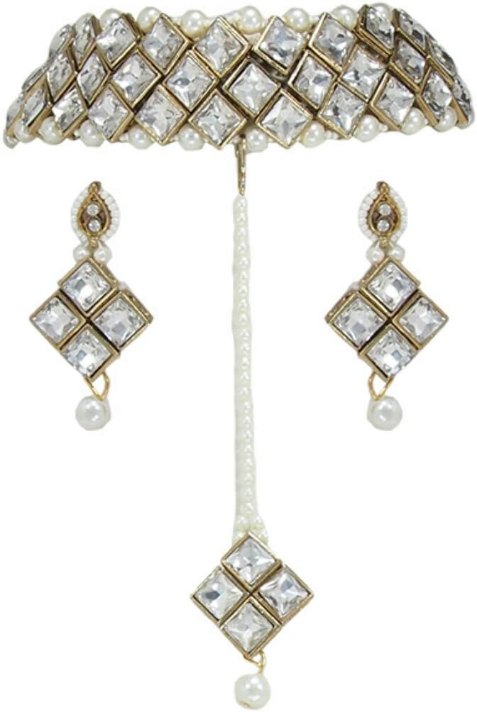 Alloy Gold Plated and Crystal Choker Necklace Earrings Mang Tika Set for Women & Girls (White)