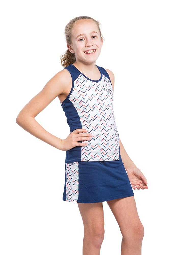 Girls’ Tennis 2 Piece Breathable Dress Set with Navy or Coral Sleeveless Racerback Top and Tennis Skirt with Undershorts