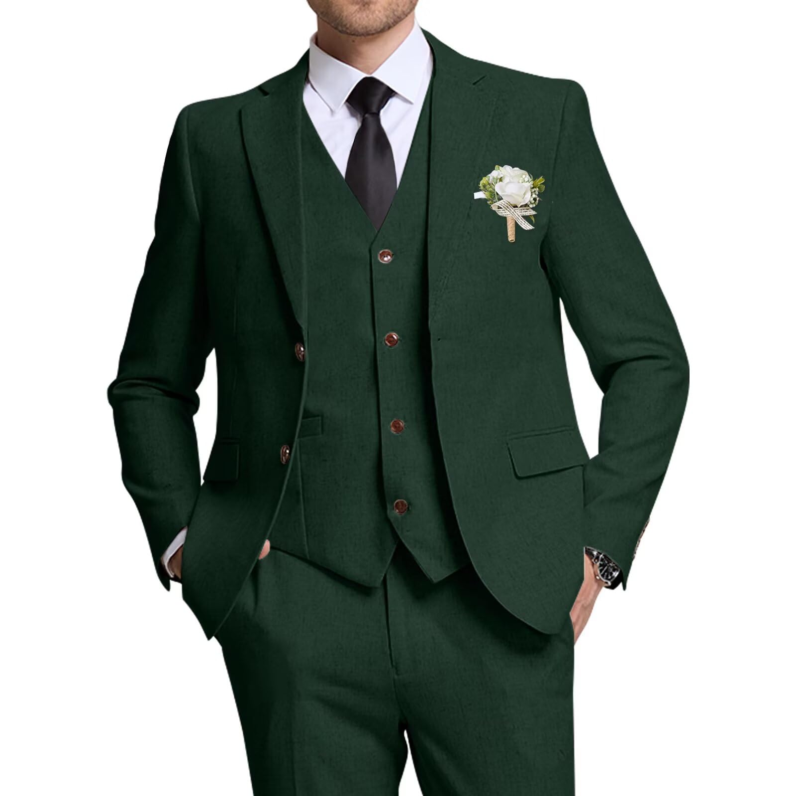 High-End Suits Retro Linen Suits for Men Dark Green